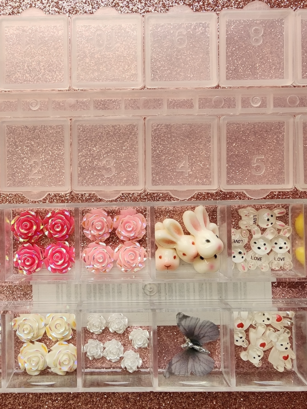 Nail Art Decoration Kit — Pink Glitter Rose & Bunny Charms